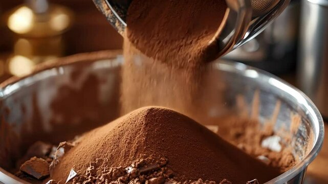 cocoa powder being sifted into a bowl of chocolate, baking preparation for dessert or pastry