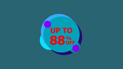 Abstract 88% Percent Off Flat Style Banner Sticker Colorful Label Popup Promotional red color 4k illustration. Colorful circle 88% OFF, Sale, Discounts, Special Offers etc. Deep cyan background 4k.