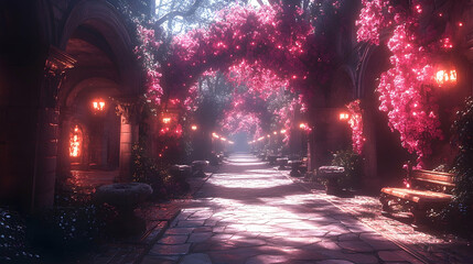 Luminous path framed by vibrant pink blossoms, arched stonework, and glowing lamps creates a serene, inviting ambiance