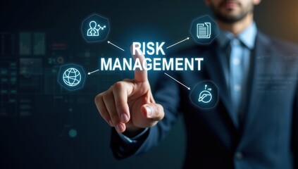 Businessperson interacting with a holographic display of risk management.