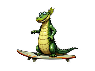 Fototapeta premium Cute cartoon crocodile surfing ocean waves, a fun illustration for kids and summer beach lovers