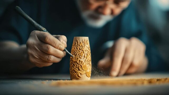 An artisan intricately carves detailed floral patterns into a small piece of wood, showcasing fine craftsmanship.