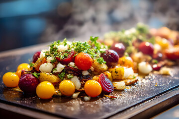 Colorful grilled vegetables with herbs and cheese sizzling on a hot flat top grill in a vibrant outdoor cooking scene. Close-up