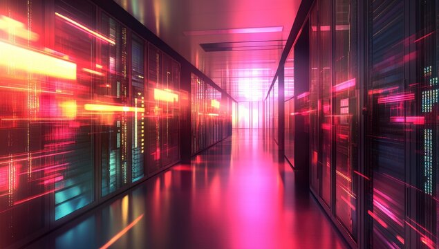 Neon-lit server hallway.  Data center interior
