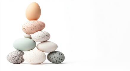 Stacked eggs form a triangular pyramid on white