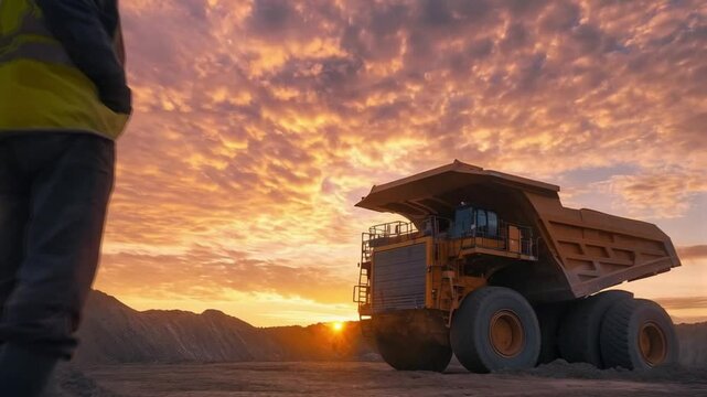 A construction or mining site at sunset, where a worker stands observing a massive dump truck