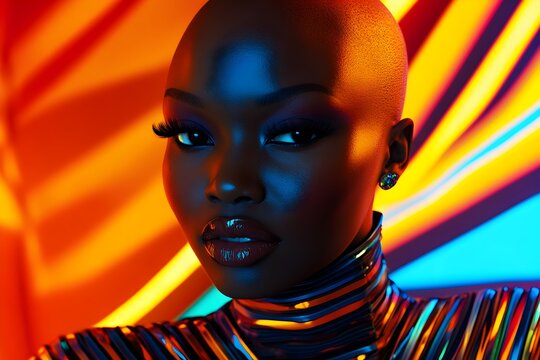 Stunning bald Black woman with dramatic makeup and colorful metallic fashion glows under vibrant neon studio lighting, exuding confidence and modern allure.