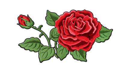A red rose and bud with green leaves against a transparent background