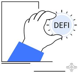 Minimalist hand gripping DeFi coin with glowing edges conceptually portrays decentralized finance. Ideal for cryptocurrency, fintech, blockchain, innovation, investment, technology, and digital
