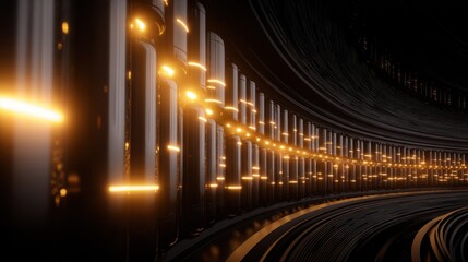 Futuristic corridor with glowing lights and sleek structures, creating a sci-fi atmosphere