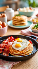 Classic breakfast with pancakes, fried eggs and crispy bacon served in a skillet on a wooden table with morning light, vertical