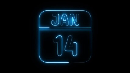 Glowing neon 14 january icon isolated on black background.a neon sign with a calendar that says "14 DAYS". HD Video motion graphic animation