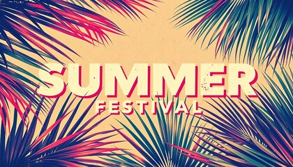 Retro grunge summer festival poster design featuring palm leaves , plant, tropical