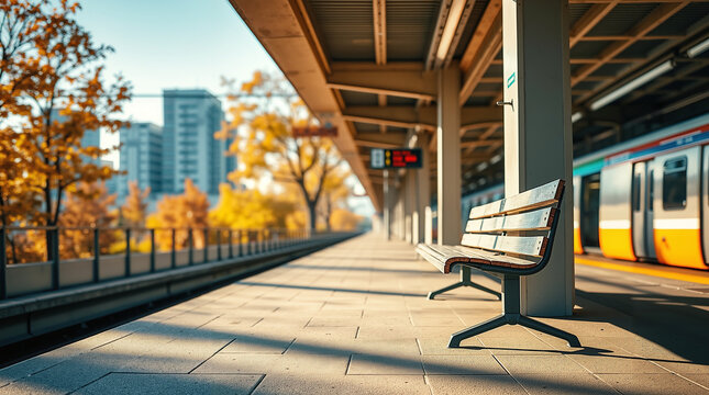 Autumn view of an empty bench at a skytrain station with vibrant foliage and a train arriving