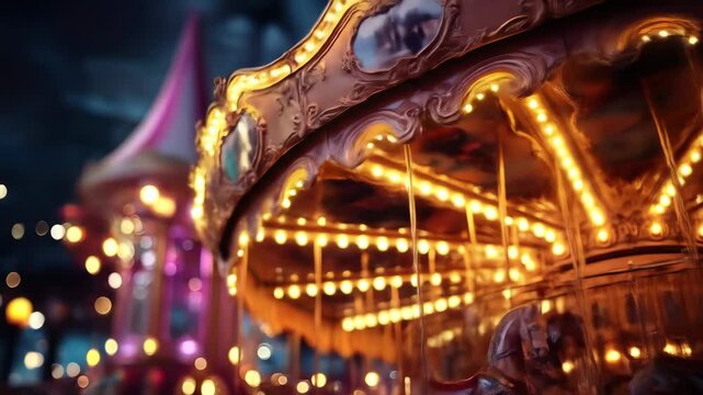 Beautiful carousel glows with intricate designs at night creating a magical ambiance