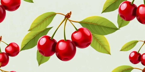 Seamless pattern featuring two red cherries on a branch with green leaves A simple, flat vector illustration, element, branch