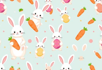 Seamless pattern of adorable kawaii bunnies holding Easter eggs and carrots, celebration, easter pattern