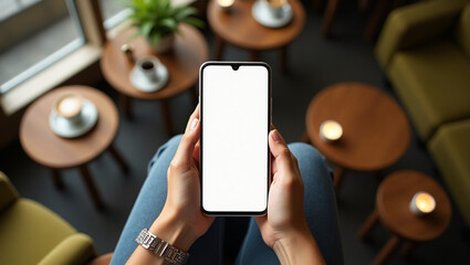 Woman holding smartphone with blank screen in a cafe environment