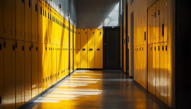 a hallway with yellow lockers