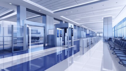 Modern airport terminal interior showcasing sleek design, waiting area, and check-in counters