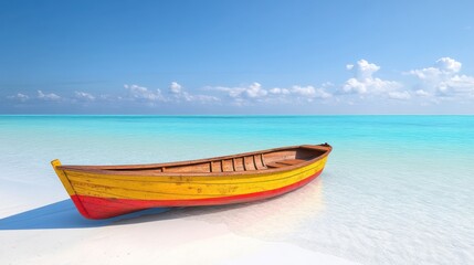 Naklejka premium Serene Tropical Beach with Colorful Rowboat