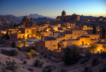 Fototapeta premium Scenic Cityscape of Desert Village Illuminated at Sunset.
