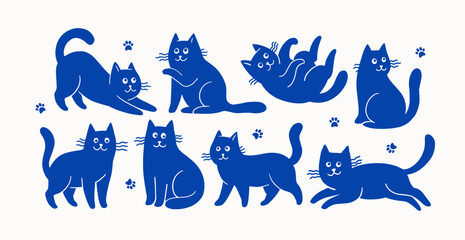 Naklejka premium Set of blue cartoon cats in various poses with paw prints. Hand drawn vector illustration. Pet animal and playful cat concept for design and print