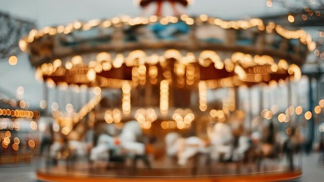 Ornate carousel spins brightly soft focus evokes joyful nostalgic atmosphere in fairground