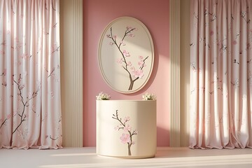 Delicate pink blossom interior design with floral curtains and matching details in soft sunlight