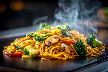 Hot stir-fried noodles with mushrooms, broccoli and peppers steaming on a flat grill in a vibrant street food setting. Close-up