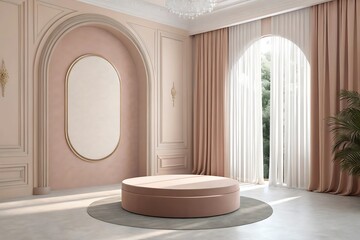 Elegant interior design featuring luxurious round pouf and decorative elements in a pastel room