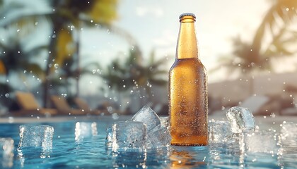 Bottle of beer with ice cubes and palm trees on the background