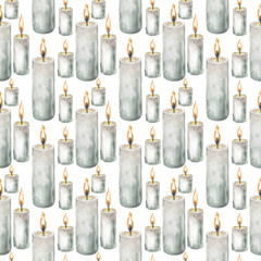 Seamless pattern with burning candles. Different watercolor candles on a white background, hand-painted. Watercolor illustration. Seamless background for Halloween or other celebration.