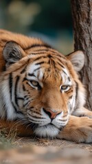 Fototapeta premium Relaxing tiger rests by tree