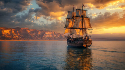 Obraz premium Majestic sailing ship at sunset near rocky cliffs and calm ocean waters