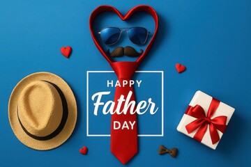 Fathers Day Red Tie Mustache Sunglasses Hat Gift Box with Heart Design