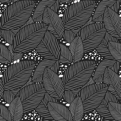 Hand-drawn white leaf seamless pattern on black background