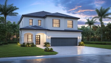 Two-story home exterior, dusk light, lush landscaping
