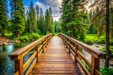 Obraz premium Low Light Wooden Bridge Photography: Scenic Pathway, Evergreen Trees, Minimalist Nature