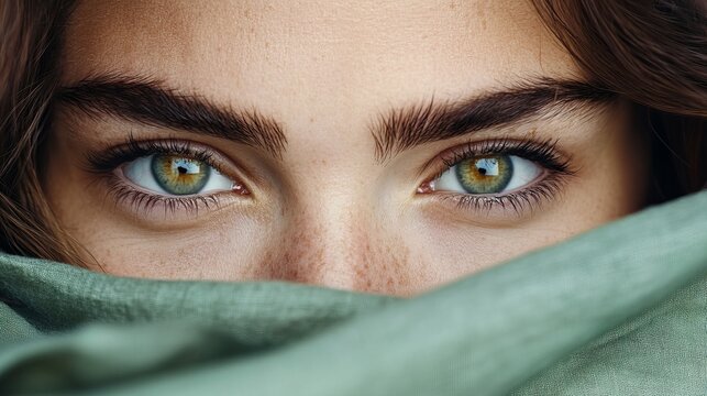 Woman's face is partially covered with a green cloth showing expressive green eyes and dark eyebrows.