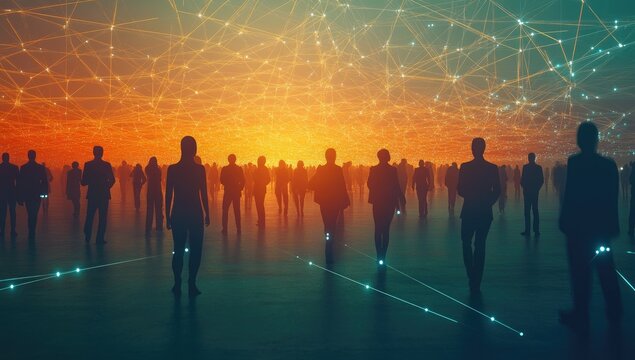 Silhouettes of people walking toward a glowing network