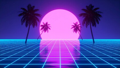 Retro Palm Sunset with Synthwave Beach.