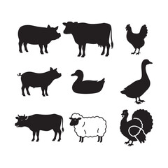 Black Silhouette Farm Animal Icons Collection – Cow, Pig, Chicken, Duck, Sheep, Turkey

