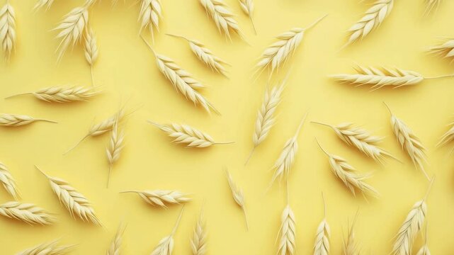 Wheat ears pattern, yellow background, top view background, slow motion