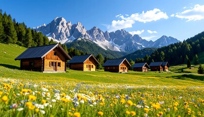 Alpine meadow cabins with mountain view.