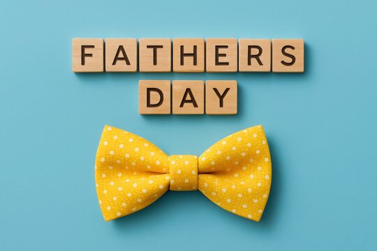 Fathers day wood letter tiles with yellow bow tie on blue background - Powered by Adobe