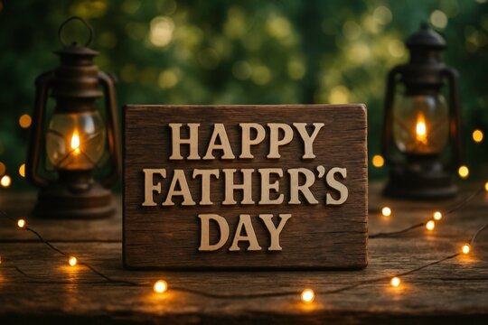 Father Day wood sign with lanterns and string lights on rustic table