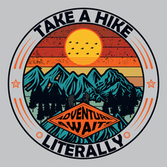 Vintage Sunset Hiking Badge Graphic with Mountains and Forest.