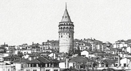 Galata Tower Panorama Textured Line Drawing