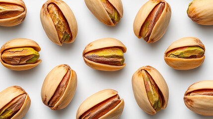 Pistachios arranged on white